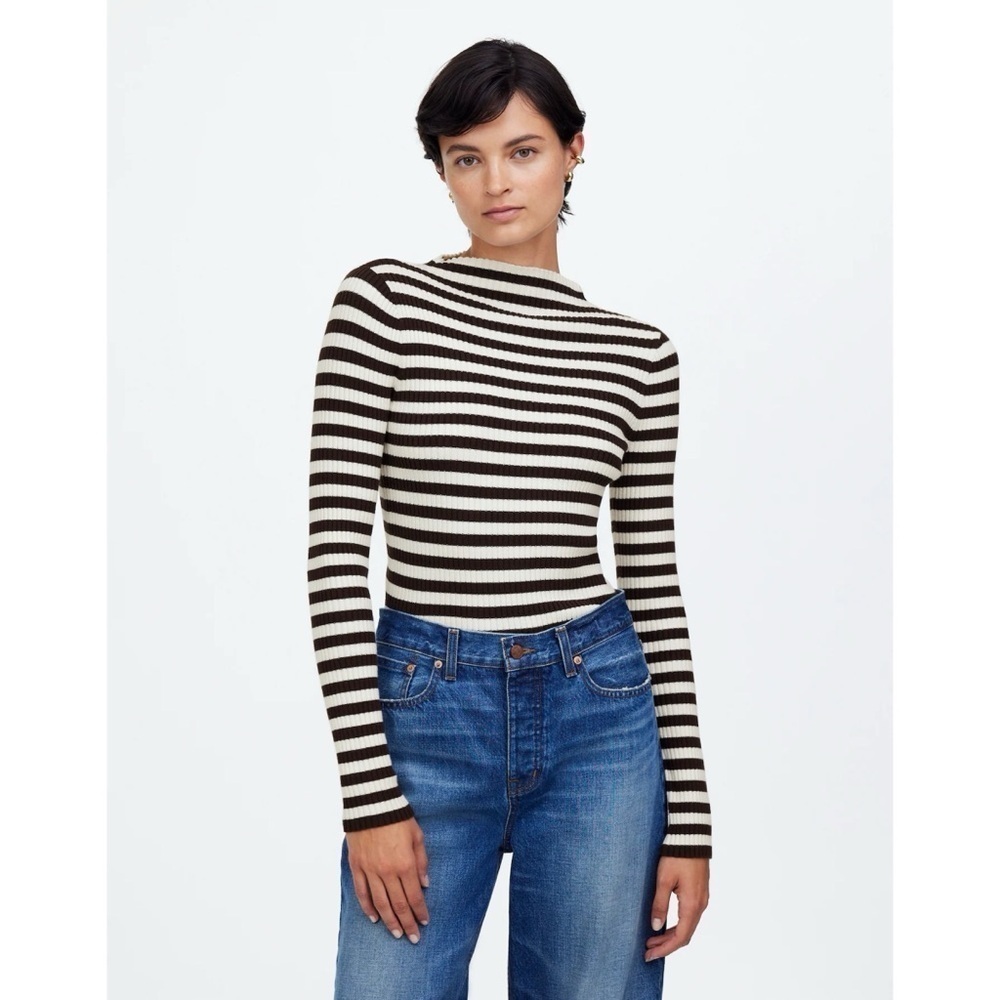 Madewell Top Cotton Mockneck Sweater in Stripe Dark Carob Ivory Combo XXS NWT